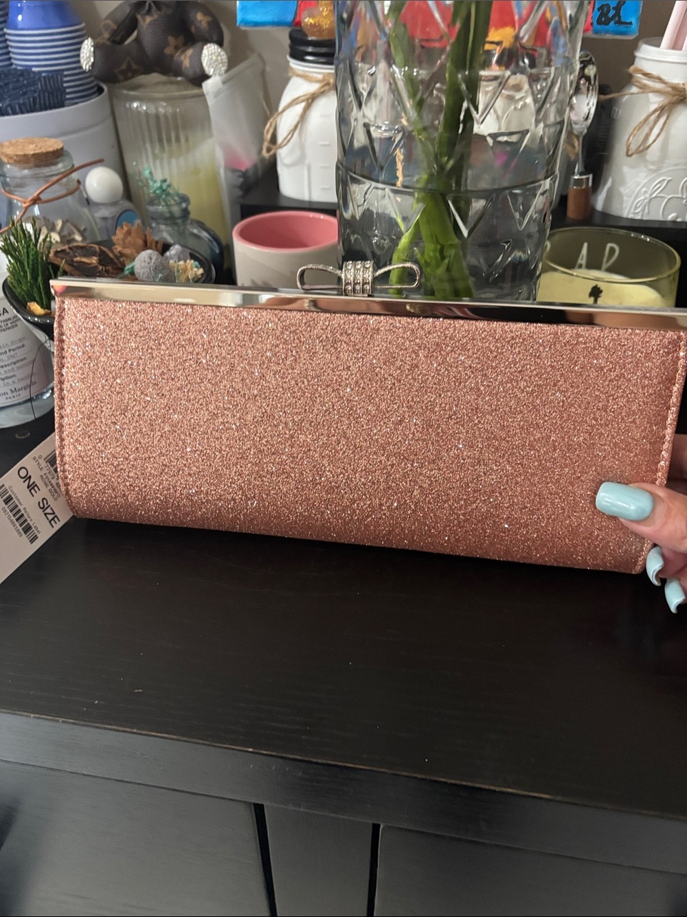 INC International Concepts Rose Gold Glitter Clutch with Bow Accent